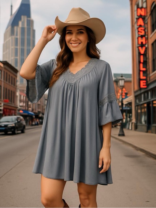 She + Sky Dresses & Skirts - She + Sky Blue gray mini dress cotton crochet size L